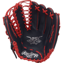 A black Rawlings Select Pro Lite 12.25" Mike Trout youth baseball glove with red laces and trim, featuring the Rawlings logo and Select Pro Lite printed in white on the palm.