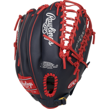 A Rawlings Select Pro Lite 12.25" Mike Trout youth baseball glove (model SPL1225MTN) in navy blue with red laces and white logos is displayed upright on a plain white background.