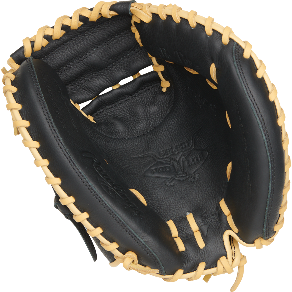 A Rawlings Select Pro Lite 32" Adley Rutschman Baseball Catcher's Mitt (SPLCM32AR), black with tan lacing, is shown from above highlighting the pocket and interior details.