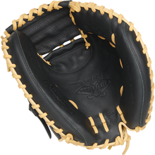 A Rawlings Select Pro Lite 32" Adley Rutschman Baseball Catcher's Mitt (SPLCM32AR), black with tan lacing, is shown from above highlighting the pocket and interior details.