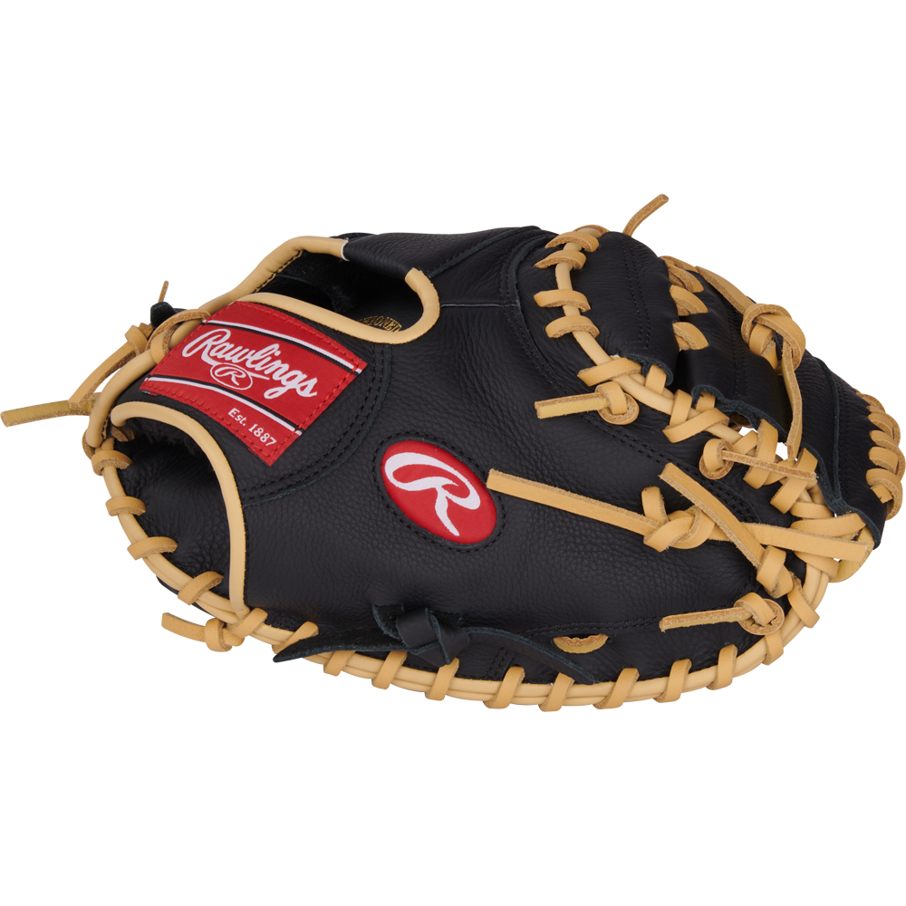 The Rawlings Select Pro Lite 32" Adley Rutschman Baseball Catcher's Mitt (SPLCM32AR) is a youth mitt with a distinctive red logo, inspired by Adley Rutschman's glove.
