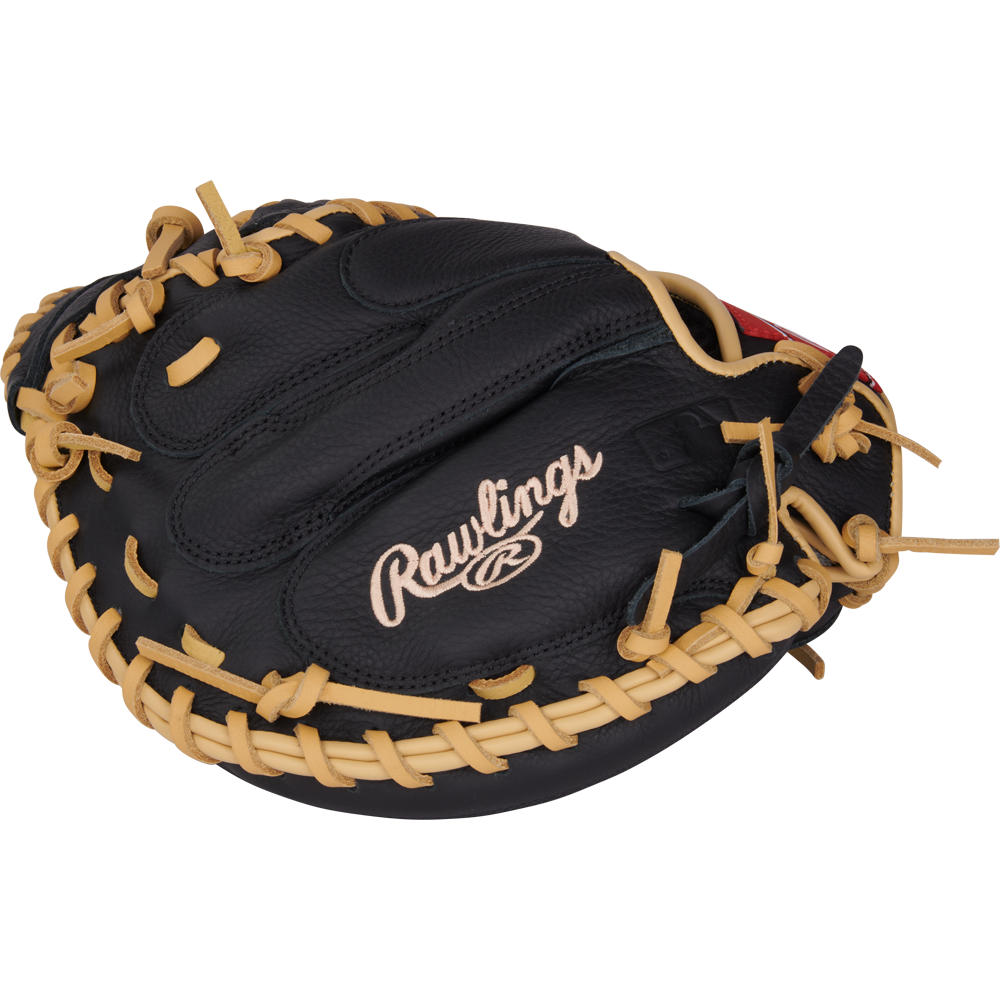 A black Rawlings Select Pro Lite 32" Adley Rutschman Baseball Catcher's Mitt (SPLCM32AR) with tan lacing and white Rawlings embroidery is shown on a plain white background.
