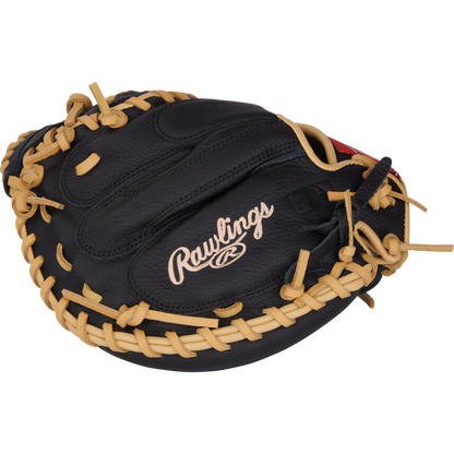A black Rawlings Select Pro Lite 32" Adley Rutschman Baseball Catcher's Mitt (SPLCM32AR) with tan lacing and white Rawlings embroidery is shown on a plain white background.
