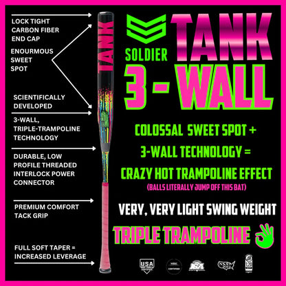 Showcase the Soldier Sports 2026 Soldier Tank (-11) Fastpitch Softball Bat (DEMO) with bold text, emphasizing its light swing weight and innovative trampoline technology.