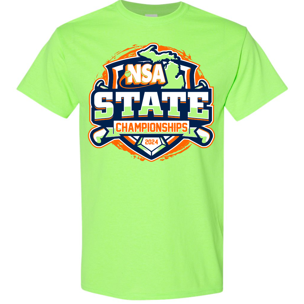 The 2024 NSA Michigan State Championships Fastpitch Tournament T-Shirt by DSG Apparel is a green DRI-GEAR shirt featuring a stylish logo, offering superior comfort and moisture control.