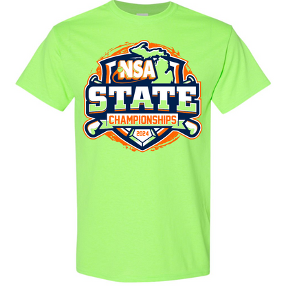 The 2024 NSA Michigan State Championships Fastpitch Tournament T-Shirt by DSG Apparel is a green DRI-GEAR shirt featuring a stylish logo, offering superior comfort and moisture control.