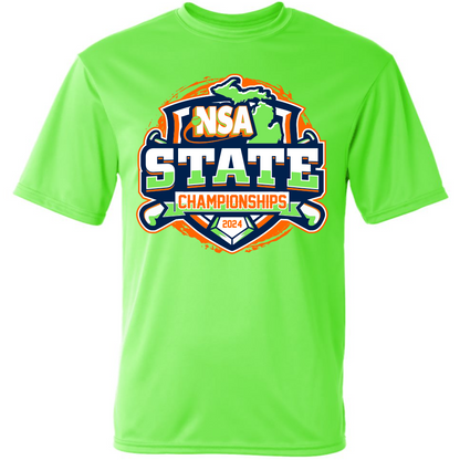 The DSG Apparel 2024 NSA Michigan State Championships Fastpitch Tournament T-Shirt is a bright green dry-fit shirt with a colorful chest logo featuring a map outline and ribbon design in blue, orange, green, and white.