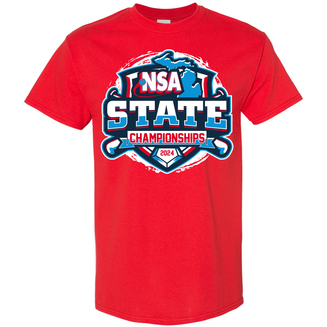 The 2024 NSA Michigan State Championships Fastpitch Tournament T-Shirt by DSG Apparel is a red cotton tee with a bold logo and DRI-GEAR technology for all-day dry comfort.