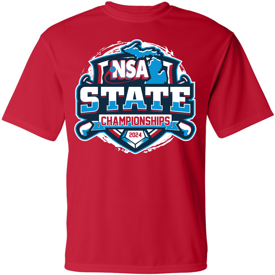 The DSG Apparel 2024 NSA Michigan State Championships Fastpitch Tournament T-Shirt is a red Dri-FIT shirt featuring a logo, designed for comfort and performance.
