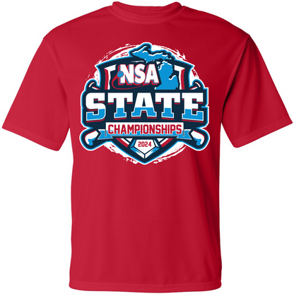 The DSG Apparel 2024 NSA Michigan State Championships Fastpitch Tournament T-Shirt is a red Dri-FIT shirt featuring a logo, designed for comfort and performance.