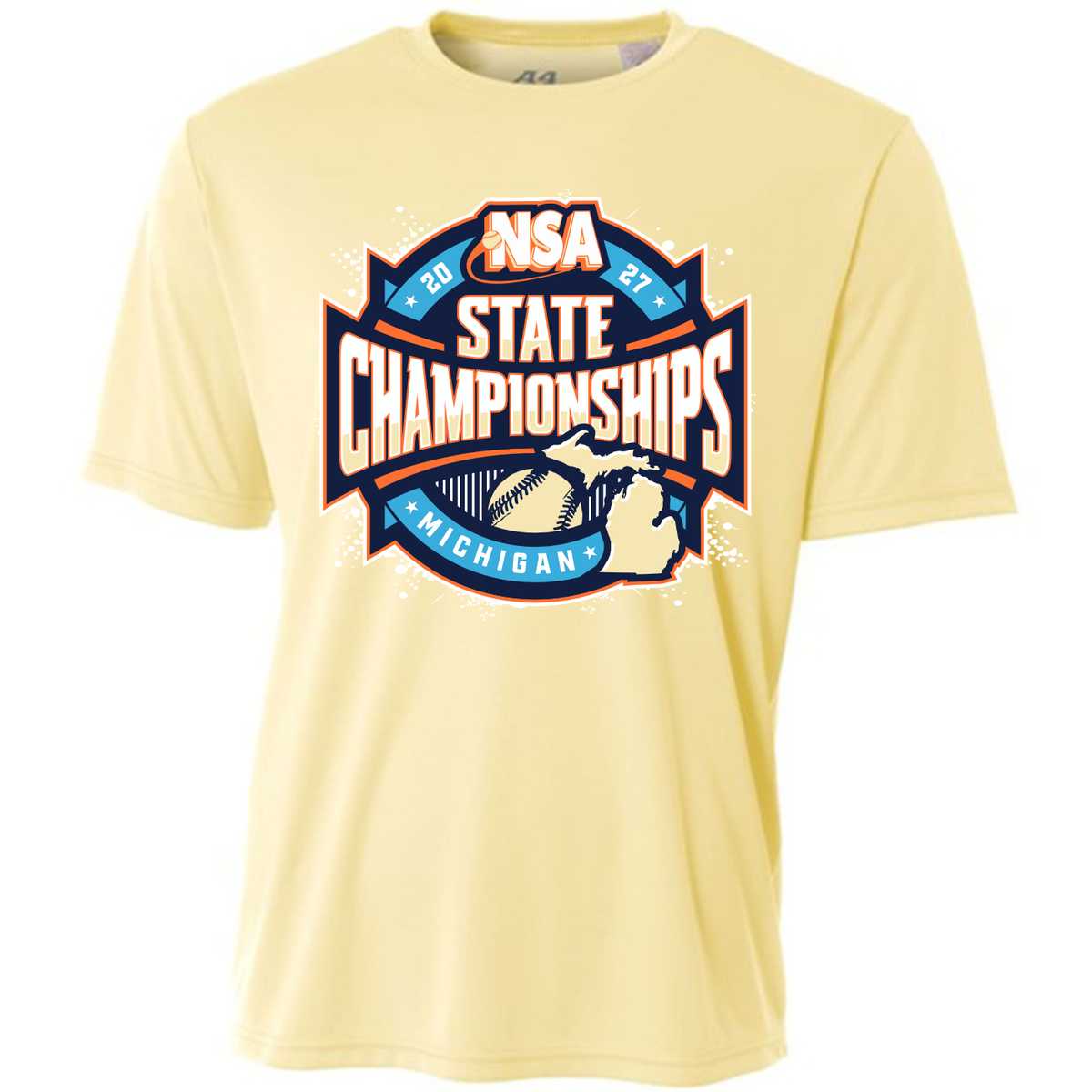 Light yellow 2027 NSA Michigan State Championships Fastpitch Tournament Apparel t-shirt featuring a graphic with a softball and the outline of the state of Michigan.