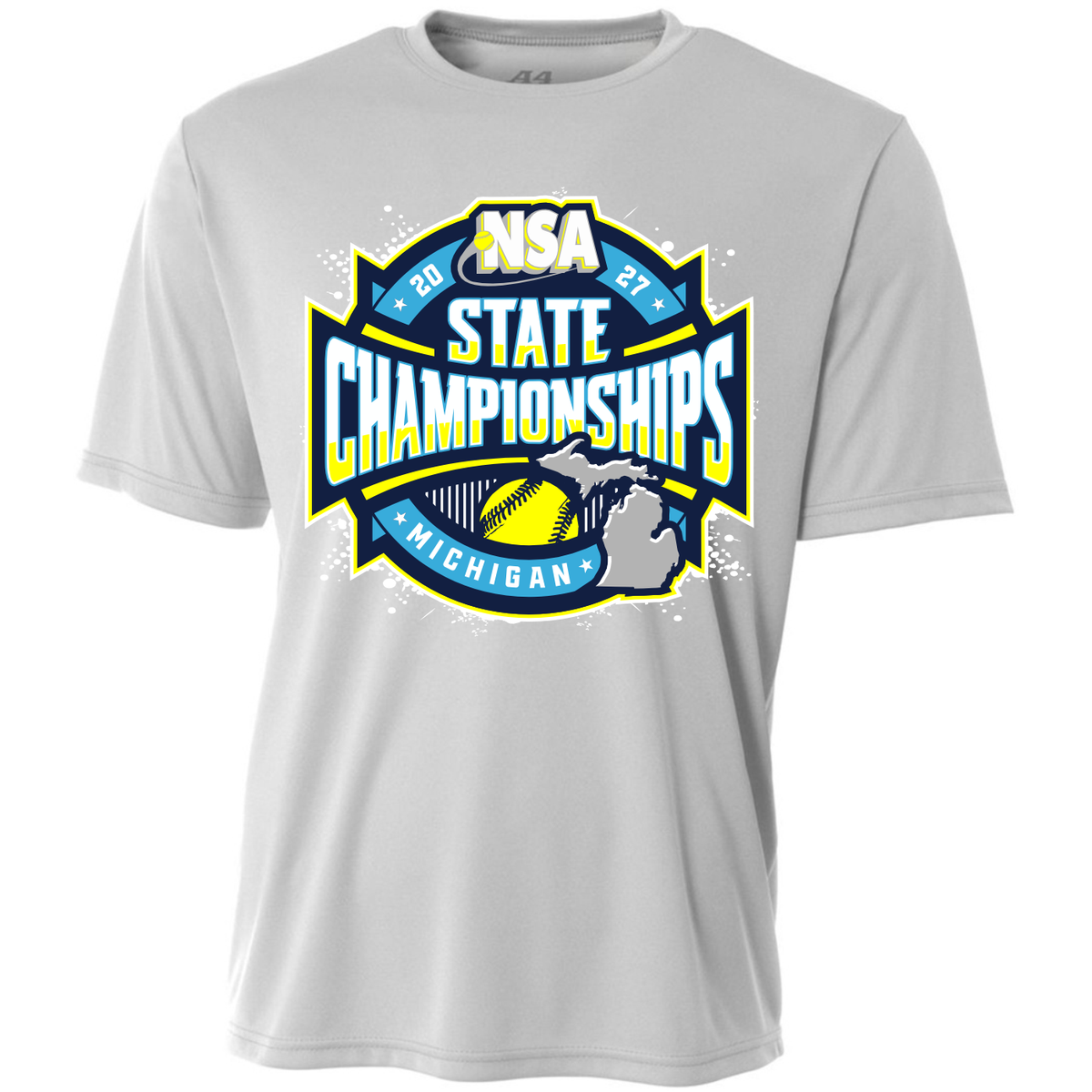 Sport Grey 2027 NSA Michigan State Championships Fastpitch Tournament Apparel crew-neck t-shirt featuring a graphic of a softball and an outline of Michigan.