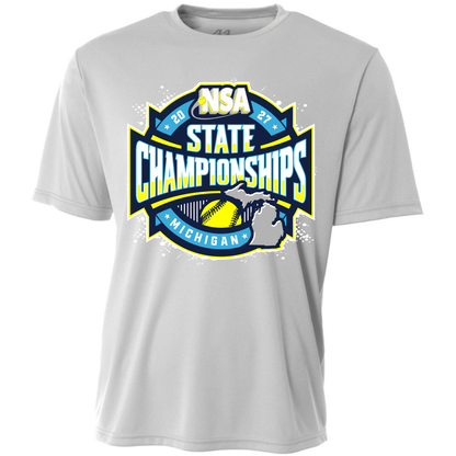 Sport Grey 2027 NSA Michigan State Championships Fastpitch Tournament Apparel crew-neck t-shirt featuring a graphic of a softball and an outline of Michigan.