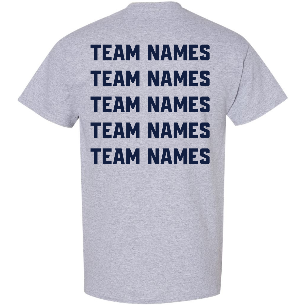 Grey 2027 NSA Michigan State Championships Fastpitch Tournament Apparel t-shirt featuring team names in dark blue block lettering across the back in five rows.