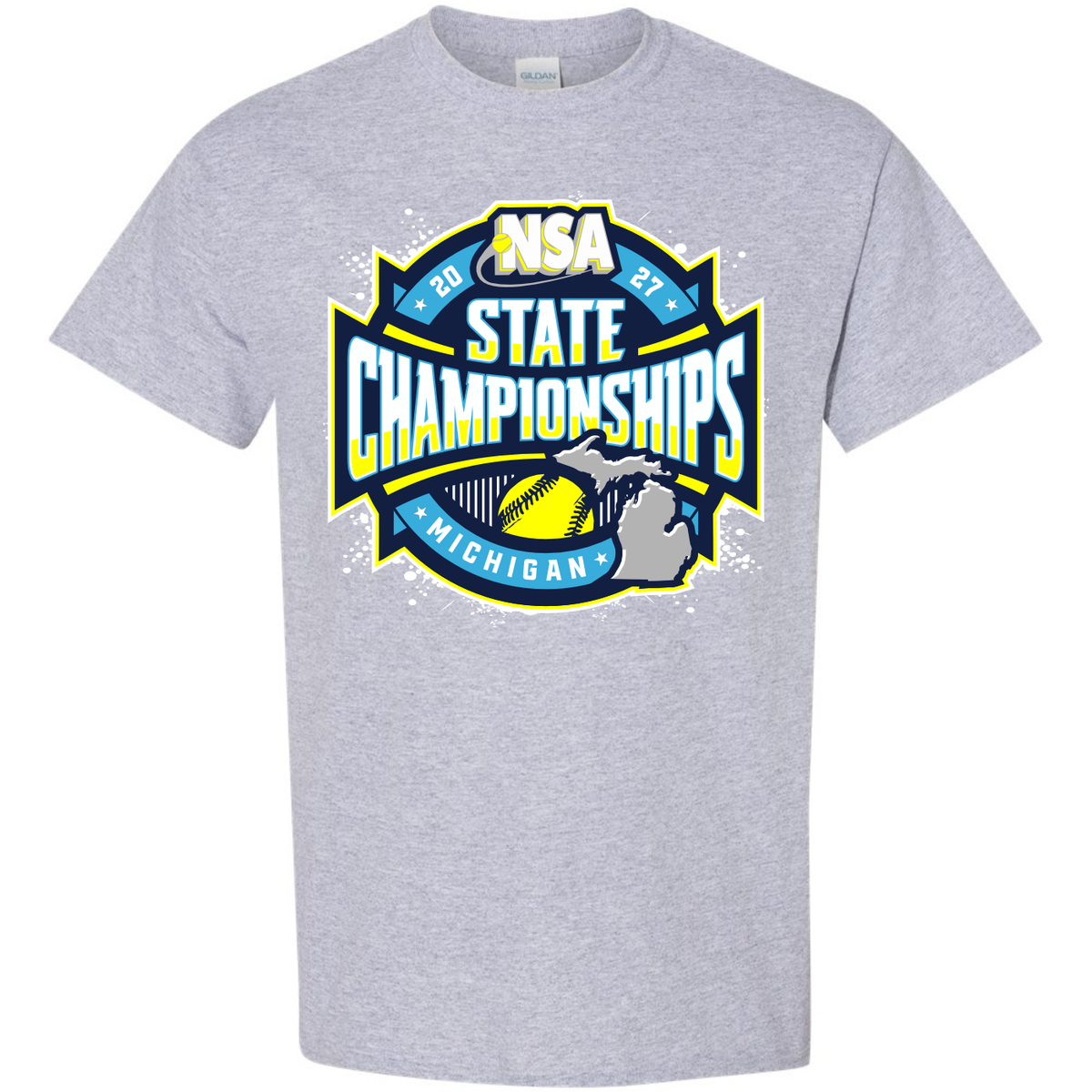 Sport Grey 2027 NSA Michigan State Championships Fastpitch Tournament Apparel t-shirt featuring a yellow, blue, and white logo with a softball and a map of Michigan.
