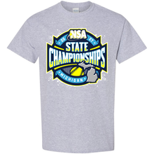 Sport Grey 2027 NSA Michigan State Championships Fastpitch Tournament Apparel t-shirt featuring a yellow, blue, and white logo with a softball and a map of Michigan.