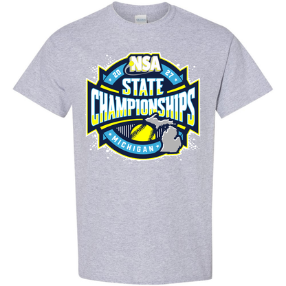Sport Grey 2027 NSA Michigan State Championships Fastpitch Tournament Apparel t-shirt featuring a yellow, blue, and white logo with a softball and a map of Michigan.