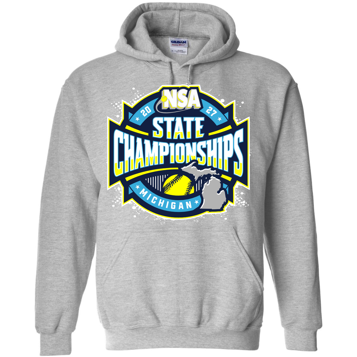 Sport grey hooded sweatshirt featuring a graphic for the 2027 NSA Michigan State Championships Fastpitch Tournament Apparel.