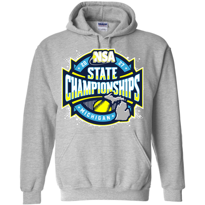 Sport grey hooded sweatshirt featuring a graphic for the 2027 NSA Michigan State Championships Fastpitch Tournament Apparel.