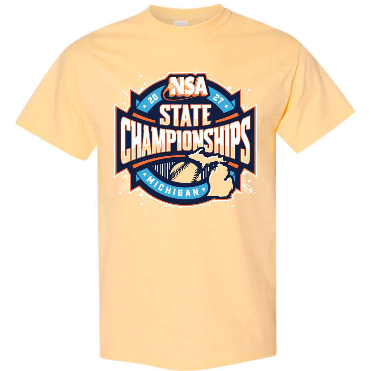 Light yellow short-sleeve 2027 NSA Michigan State Championships Fastpitch Tournament Apparel featuring a 2027 graphic with a softball and an outline of Michigan.