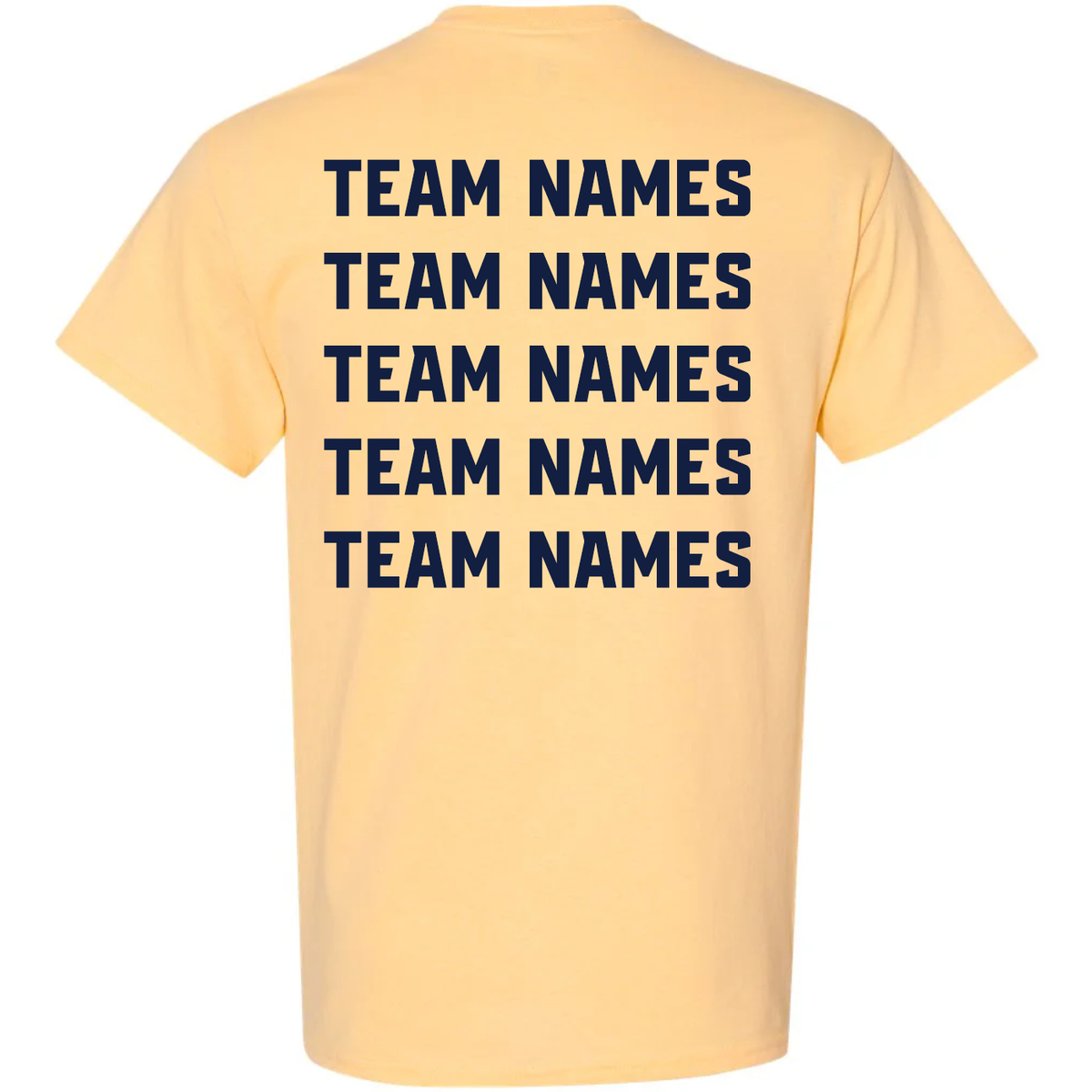 Back of a yellow 2027 NSA Michigan State Championships Fastpitch Tournament Apparel t-shirt with team names printed in dark navy text across five separate lines.
