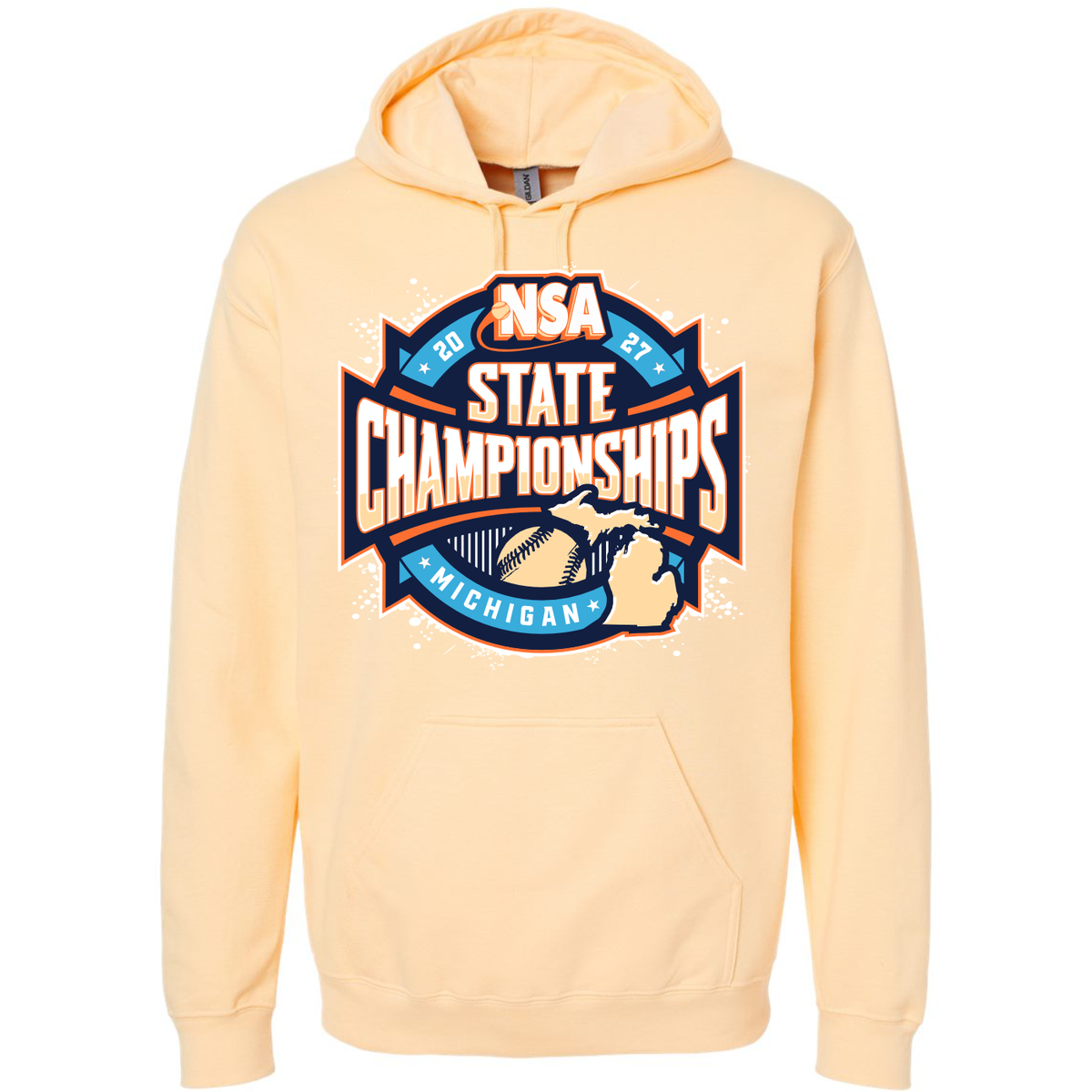 Light yellow hooded sweatshirt featuring the 2027 NSA Michigan State Championships Fastpitch Tournament Apparel graphic on the front with a softball.