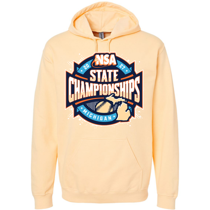 Light yellow hooded sweatshirt featuring the 2027 NSA Michigan State Championships Fastpitch Tournament Apparel graphic on the front with a softball.