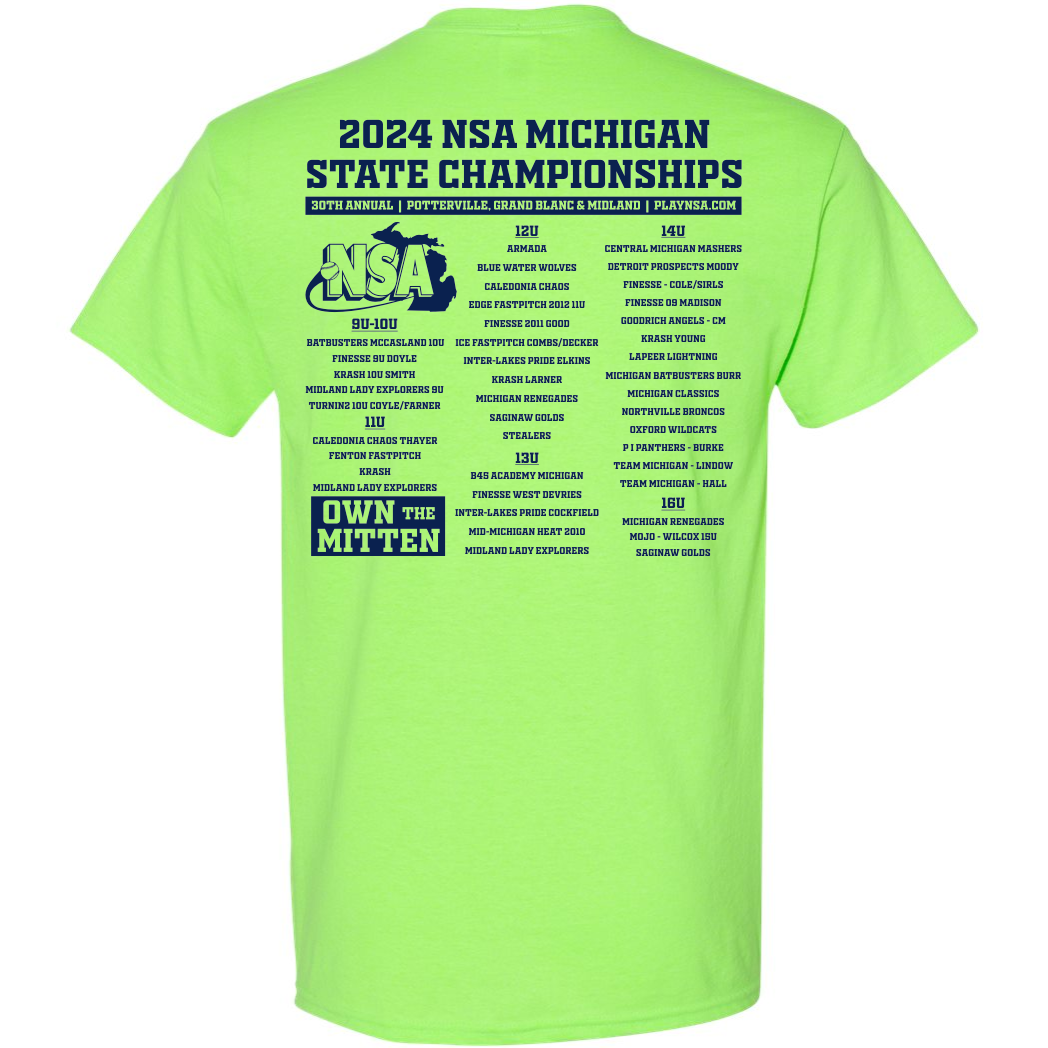 The DSG Apparel 2024 NSA Michigan State Championships Fastpitch Tournament T-Shirt is a bright green dry-fit shirt featuring bold navy event lettering on the back, with organized columns listing event details, cities, and team names.