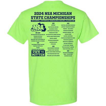 The DSG Apparel 2024 NSA Michigan State Championships Fastpitch Tournament T-Shirt is a bright green dry-fit shirt featuring bold navy event lettering on the back, with organized columns listing event details, cities, and team names.