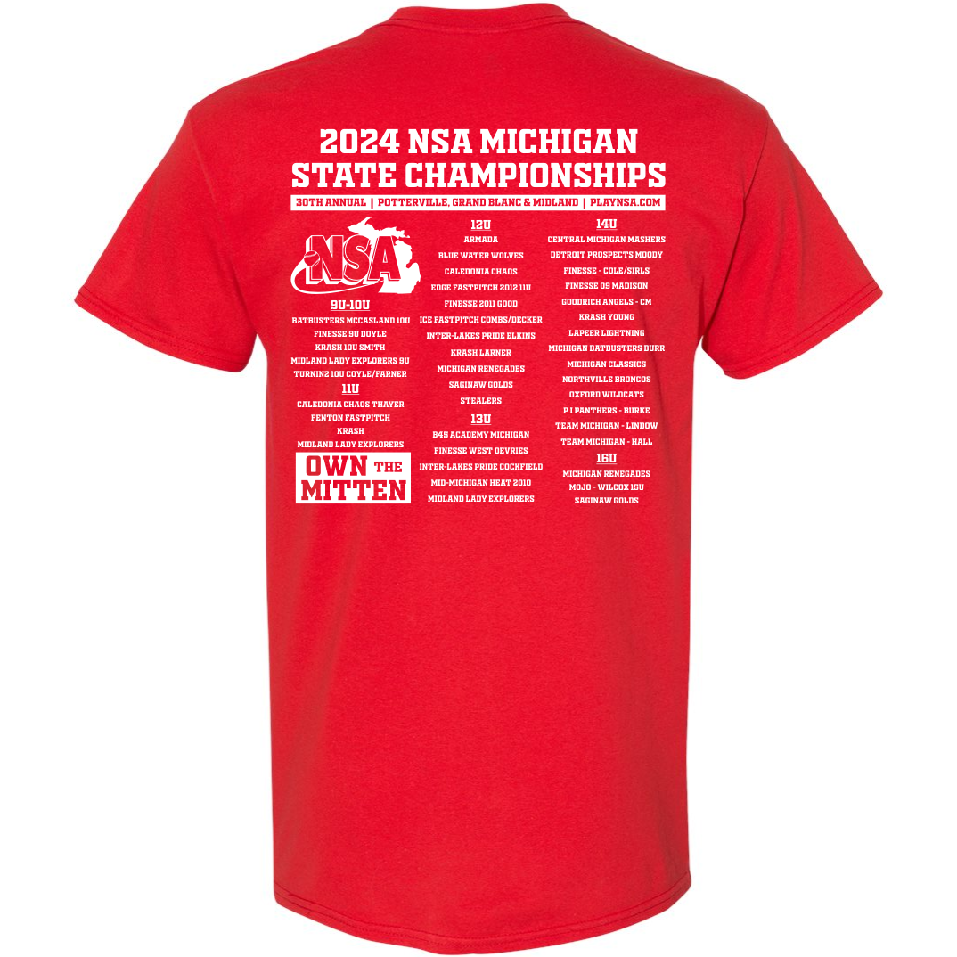 The DSG Apparel 2024 NSA Michigan State Championships Fastpitch Tournament T-Shirt is a red DRI-GEAR tee with “2024 NSA Michigan State Championships” and “Own the Mitten” in white text on the back, plus locations, dates, age groups, and event branding.