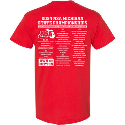 The DSG Apparel 2024 NSA Michigan State Championships Fastpitch Tournament T-Shirt is a red DRI-GEAR tee with “2024 NSA Michigan State Championships” and “Own the Mitten” in white text on the back, plus locations, dates, age groups, and event branding.