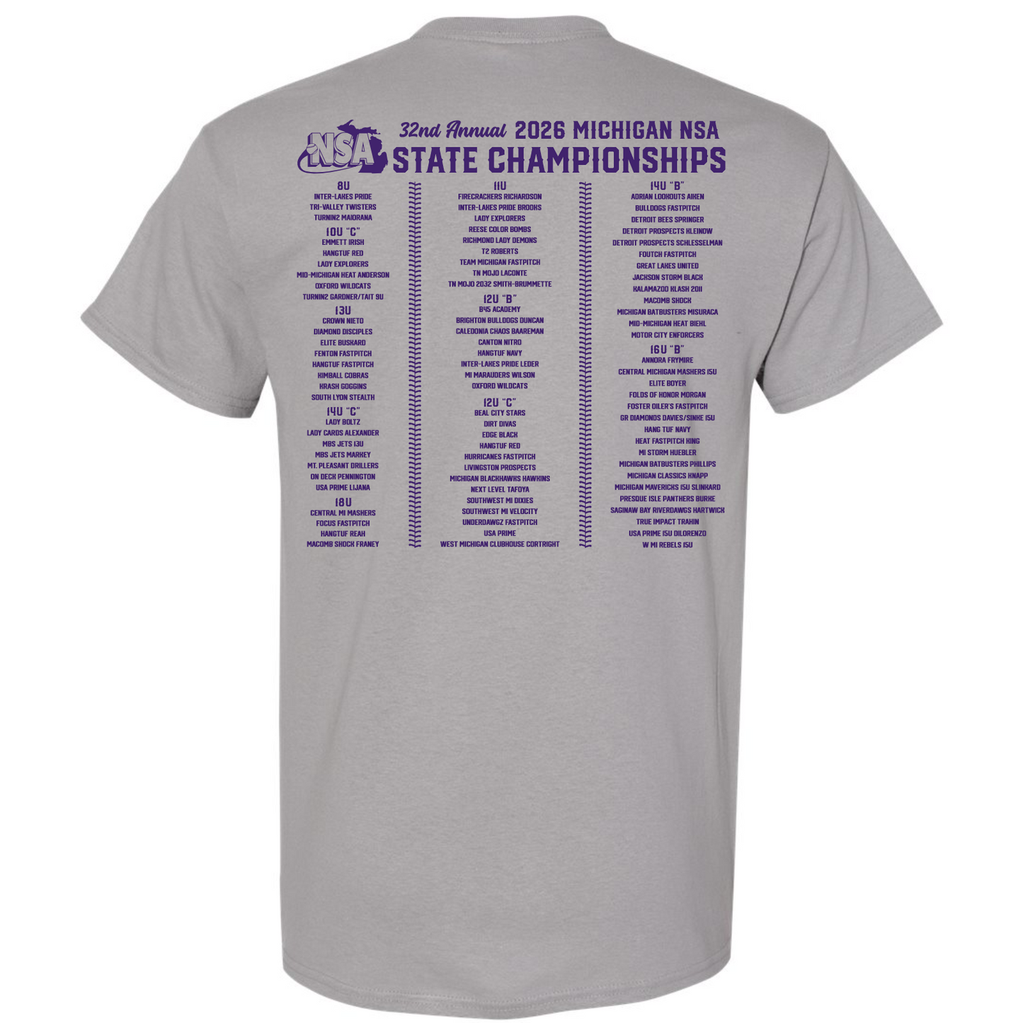 The back of this DSG Apparel shirt features "32nd Annual 2026 NSA Michigan State Championships" in purple, with age divisions, teams, and locations—an essential tournament shirt or hoodie for Fastpitch participants.