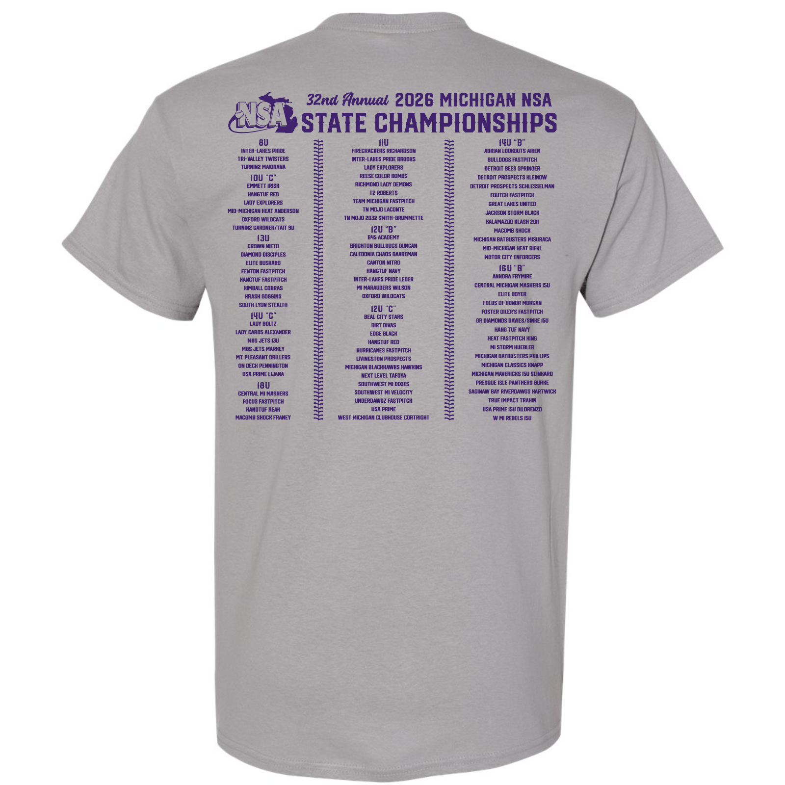 The back of this DSG Apparel shirt features "32nd Annual 2026 NSA Michigan State Championships" in purple, with age divisions, teams, and locations—an essential tournament shirt or hoodie for Fastpitch participants.
