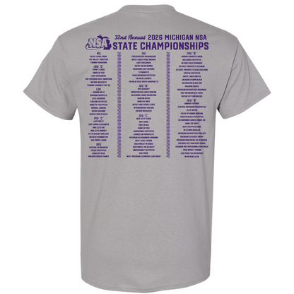The back of this DSG Apparel shirt features "32nd Annual 2026 NSA Michigan State Championships" in purple, with age divisions, teams, and locations—an essential tournament shirt or hoodie for Fastpitch participants.