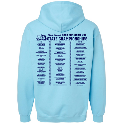 Pre-order the DSG Apparel 2026 NSA Michigan State Championships Fastpitch Tournament Shirt & Hoodie in light blue, featuring event details on the back in dark blue text!.