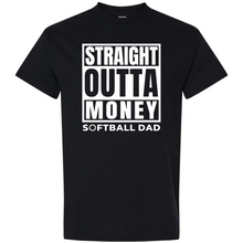The DSG Apparel Straight Outta Money Softball Dad Softstyle Short Sleeve Shirt is a black tee with bold white block text—a perfect choice for softball fans seeking a classic and comfortable style.