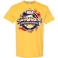 The 2025 NSA Summer Showdown Fastpitch Tournament T-Shirt by DSG Apparel features a vibrant palm tree graphic with red, blue, and yellow accents and “NSA Summer Showdown 2025” text. Ideal for pre-order or your NSA Apparel collection.