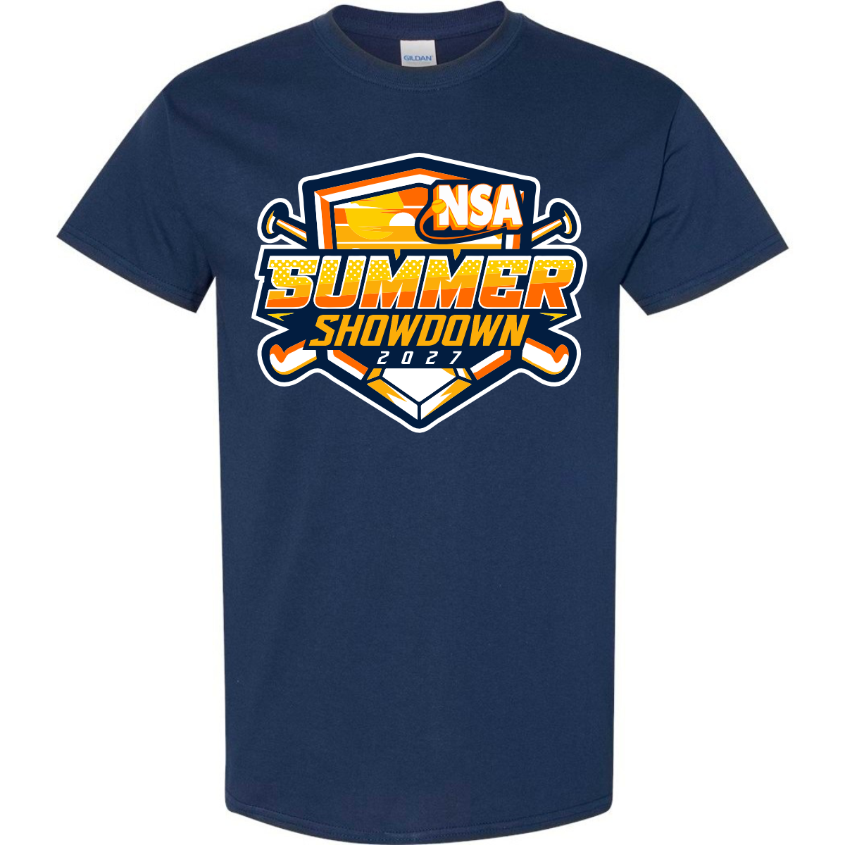 Navy blue 2027 NSA Summer Showdown Fastpitch Tournament Shirt featuring a graphic with a home plate, bats, and a sun design.