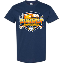 Navy blue 2027 NSA Summer Showdown Fastpitch Tournament Shirt featuring a graphic with a home plate, bats, and a sun design.