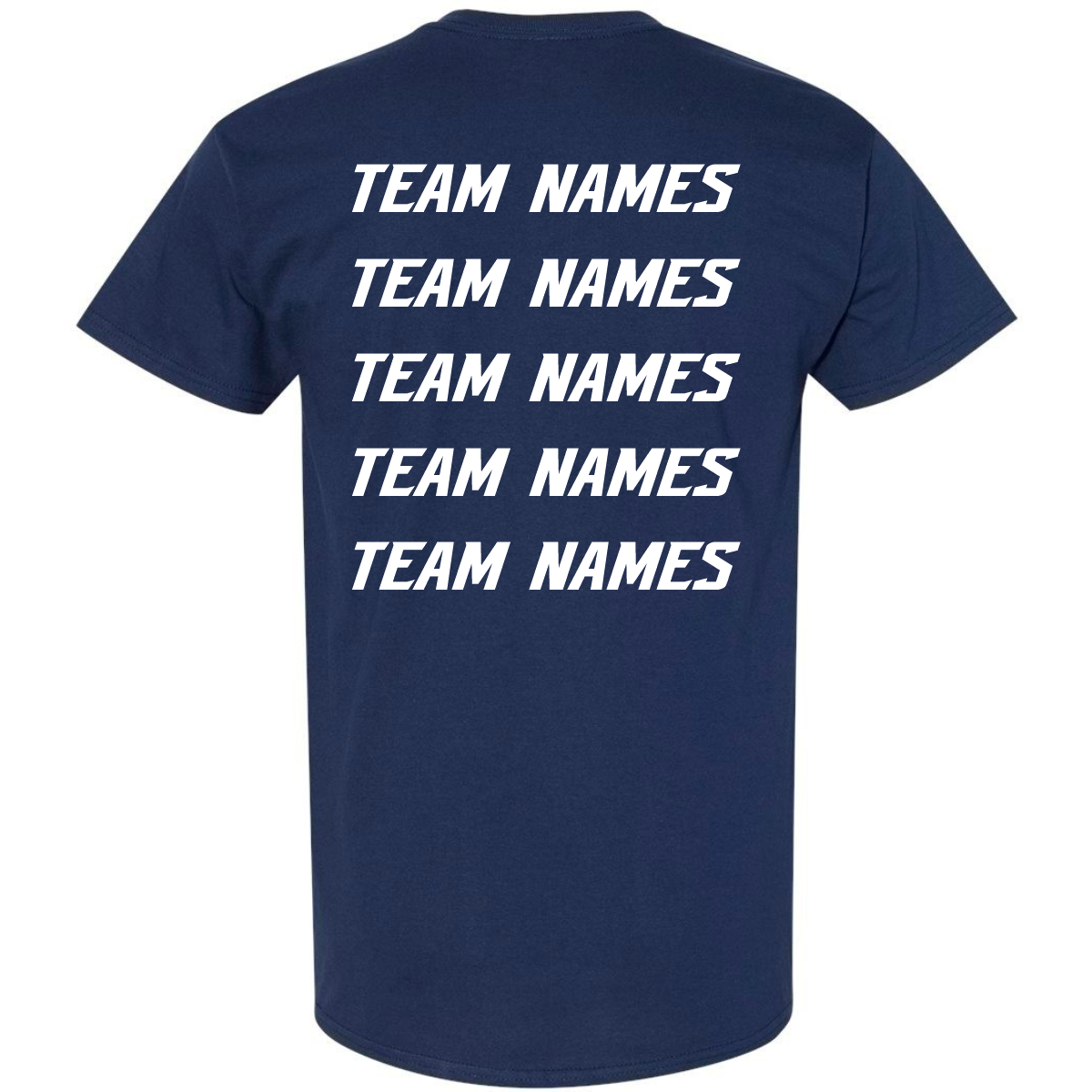Back view of a navy blue 2027 NSA Summer Showdown Fastpitch Tournament Shirt with the words TEAM NAMES printed in white stacked in five rows on the back.