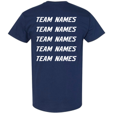 Back view of a navy blue 2027 NSA Summer Showdown Fastpitch Tournament Shirt with the words TEAM NAMES printed in white stacked in five rows on the back.
