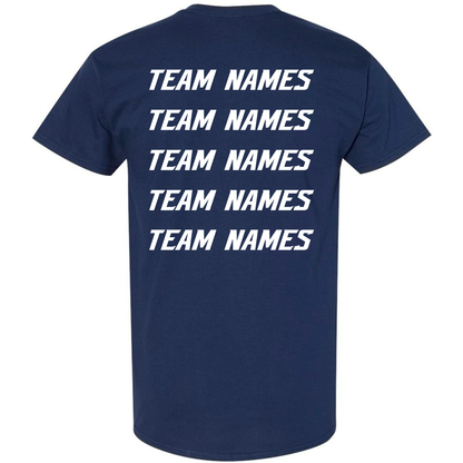Back view of a navy blue 2027 NSA Summer Showdown Fastpitch Tournament Shirt with the words TEAM NAMES printed in white stacked in five rows on the back.