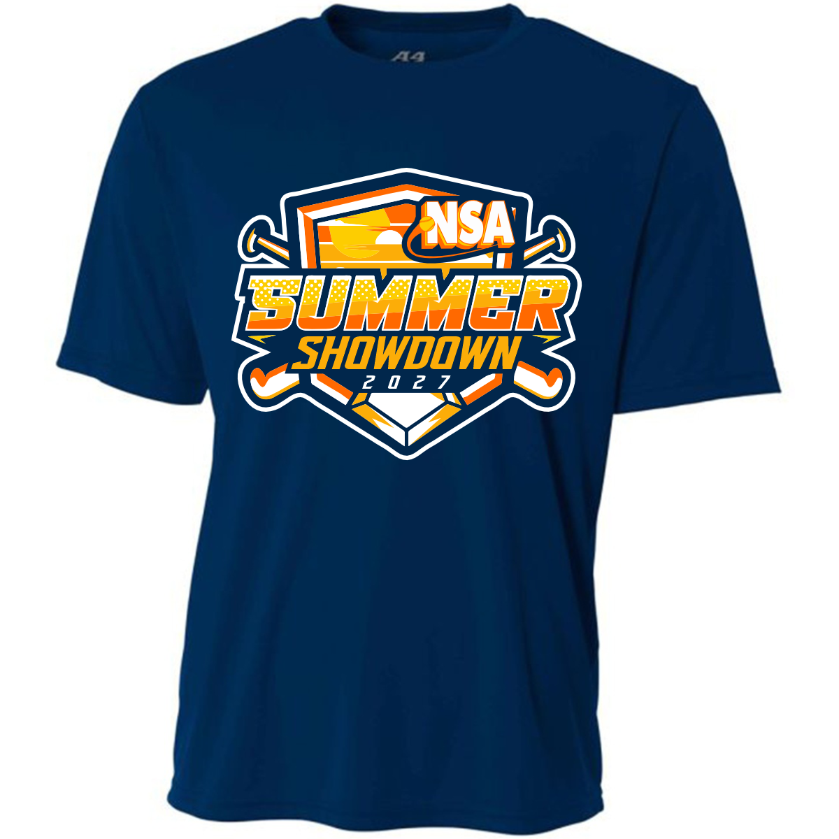 Navy blue short-sleeve 2027 NSA Summer Showdown Fastpitch Tournament Shirt featuring an orange and white graphic on the chest that reads NSA SUMMER SHOWDOWN 2027 surrounding a shield and crossed bats.