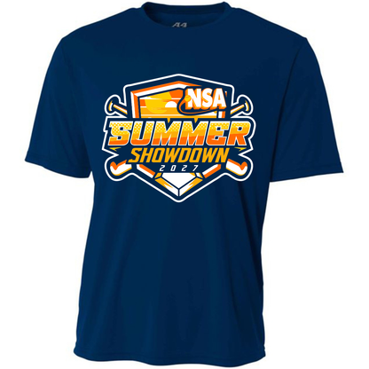 Navy blue short-sleeve 2027 NSA Summer Showdown Fastpitch Tournament Shirt featuring an orange and white graphic on the chest that reads NSA SUMMER SHOWDOWN 2027 surrounding a shield and crossed bats.