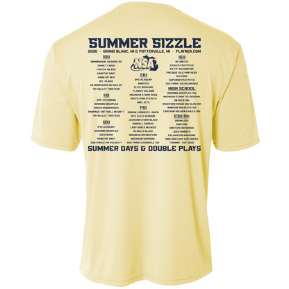 Get the 2026 NSA Summer Sizzle Fastpitch Tournament Shirt by DSG Apparel—features event details on back. Ideal as pre-order or collectible NSA apparel for Grand Blanc & Potterville, MI summer fastpitch tournaments.