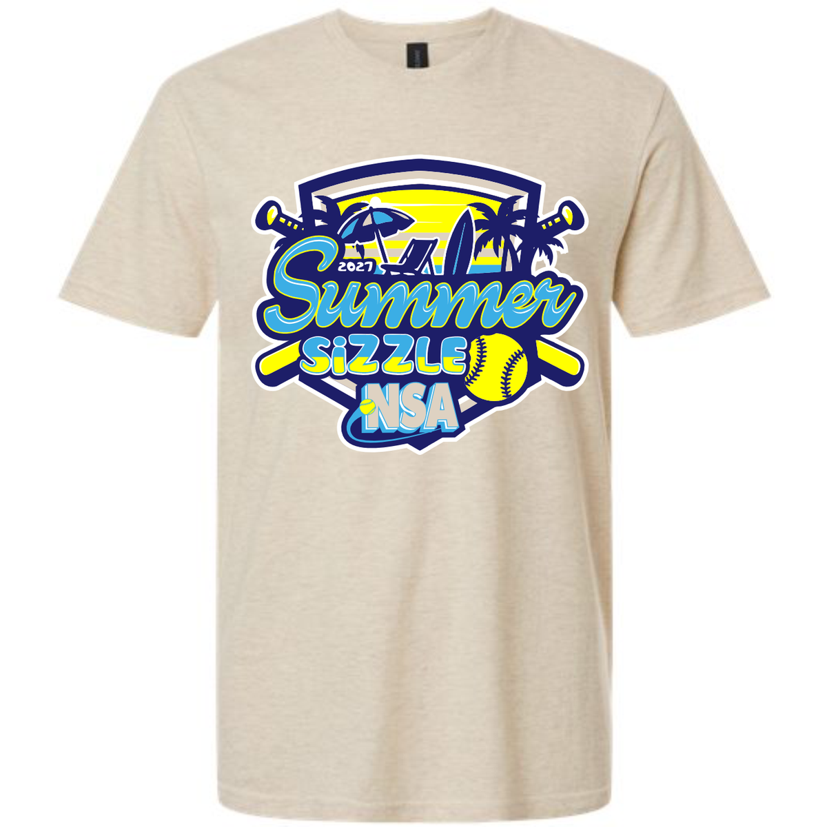 Heather oatmeal 2027 NSA Summer Sizzle Fastpitch Tournament Shirt featuring a graphic with a softball, beach umbrella, lounge chair, palm trees, and crossed bats.