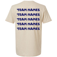Light-colored 2027 NSA Summer Sizzle Fastpitch Tournament Shirt featuring team names printed in blue block letters across the back in five rows.