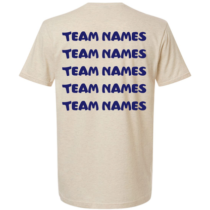 Light-colored 2027 NSA Summer Sizzle Fastpitch Tournament Shirt featuring team names printed in blue block letters across the back in five rows.