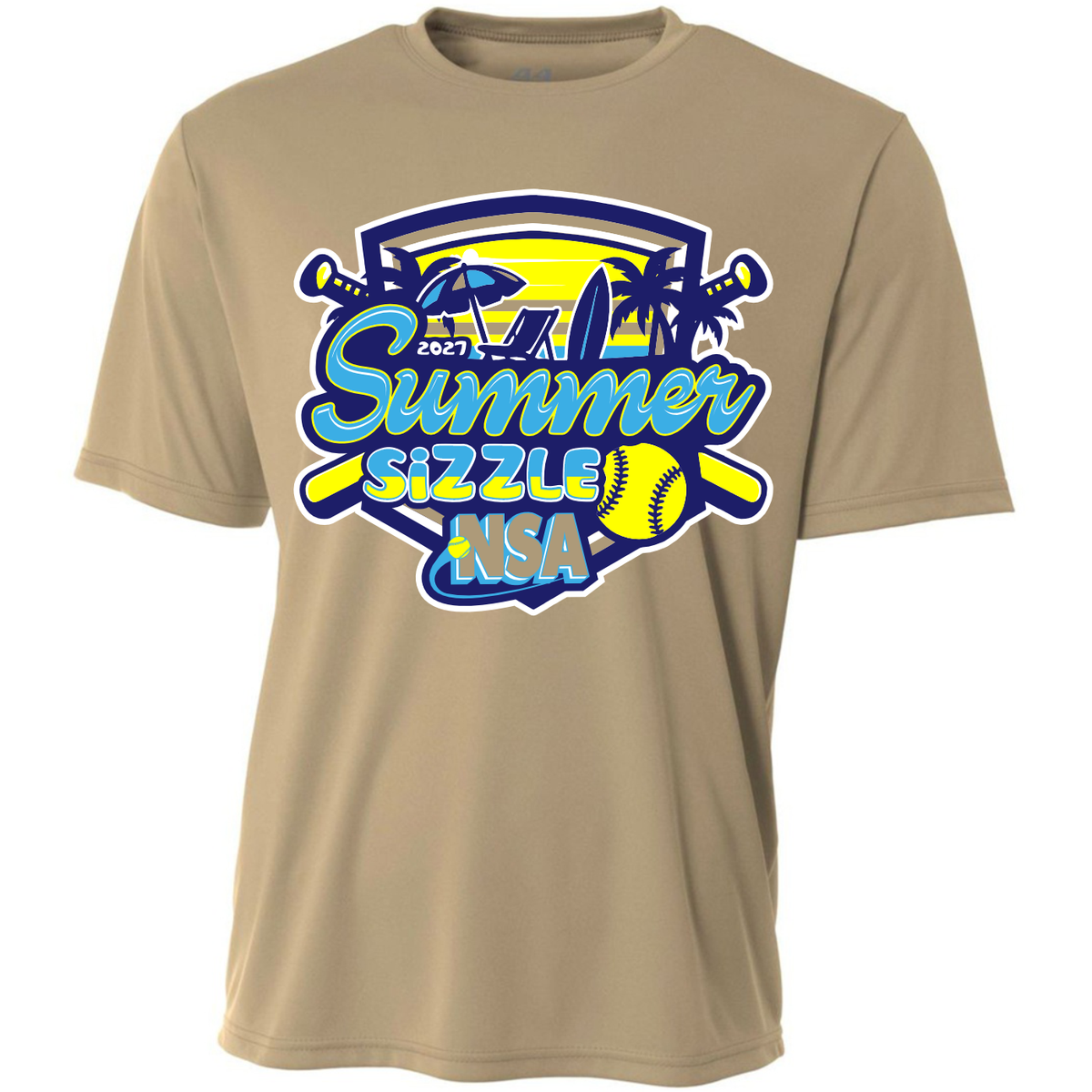 Sand-colored 2027 NSA Summer Sizzle Fastpitch Tournament Shirt featuring a graphic of a softball, palm trees, and beach imagery.