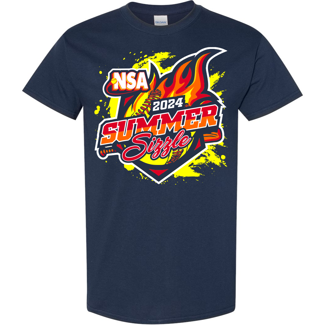 The DSG Apparel 2024 NSA Summer Sizzle Fastpitch Tournament T-Shirt is a navy blue dry fit shirt with a flaming softball graphic, "NSA 2024 Summer Sizzle" text in red, yellow, and white, and a bright yellow paint splatter background.